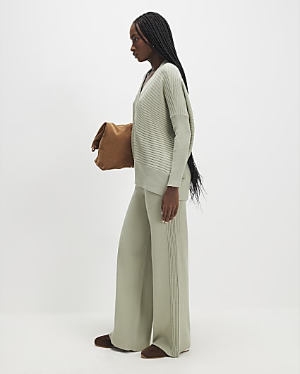 Green wide leg knitted ribbed trousers