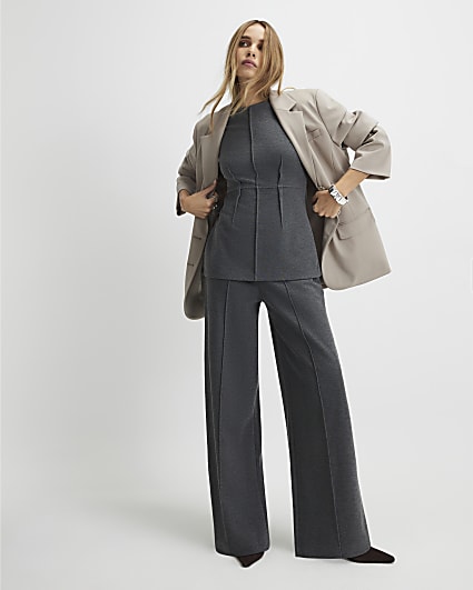 Grey Seam Detail Wide Leg Trousers
