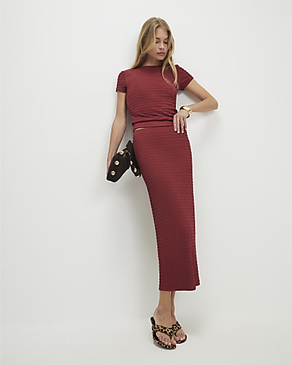 Red Textured Midi Skirt