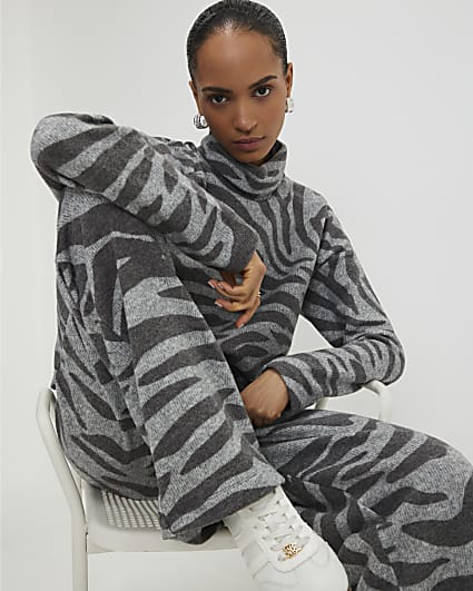 Grey Cosy Zebra Print Long Sleeve Top