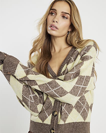 Yellow Knitted Argyle Long Sleeve Cardigan