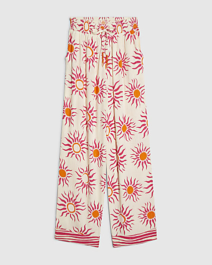 White Sun Print Wide Leg Beach Trousers