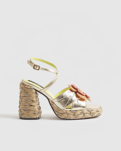 Gold Raffia Heel Flower Sandals