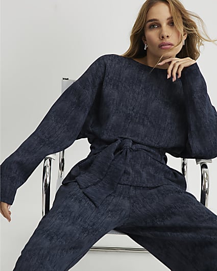 Navy Premium Crinkle Effect Tie Front Top