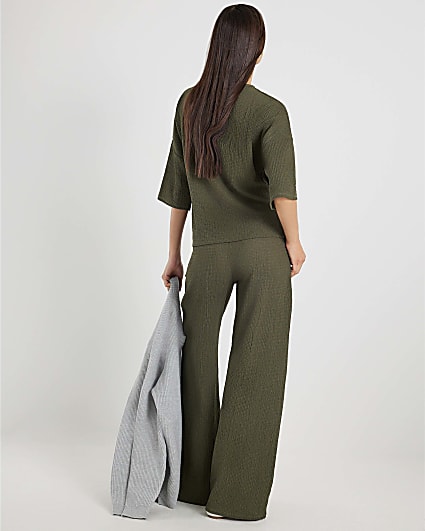Khaki Textured Wide Leg Trousers