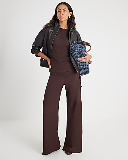 Brown Textured Wide leg Trousers