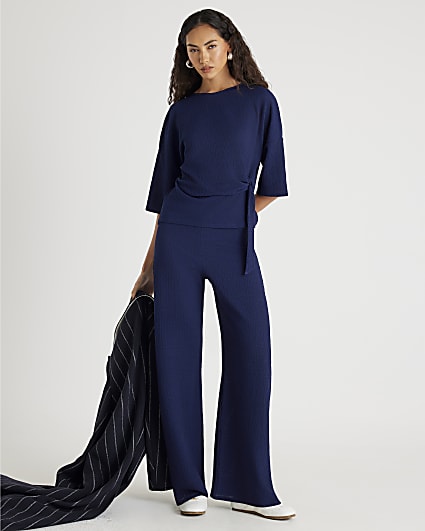 Navy Textured Wide Leg Trousers