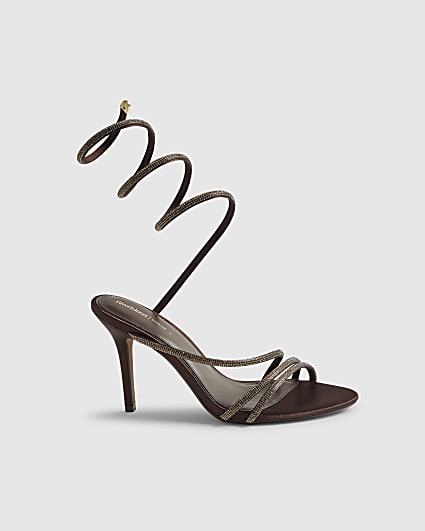 Brown Embellished Wrap Around Heeled Sandals