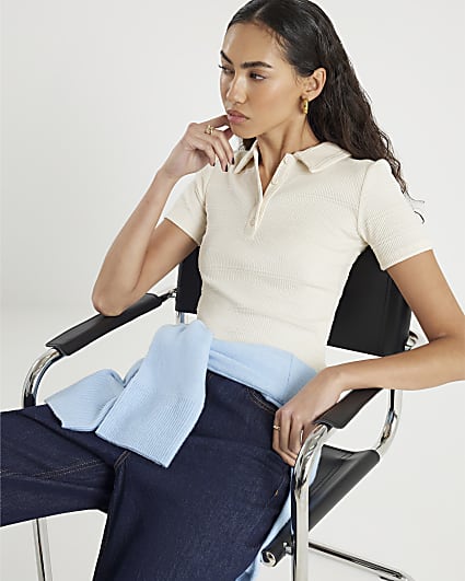 White Short Sleeve Button Up Polo Top