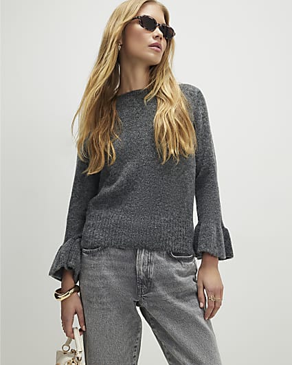 Grey Knitted Frill Cuff Tie Back Jumper
