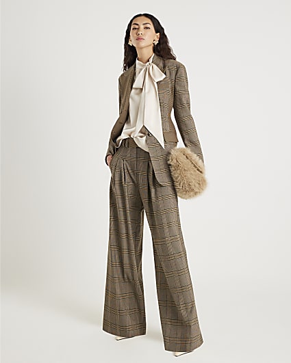 Brown Check Print Wide Leg Trousers
