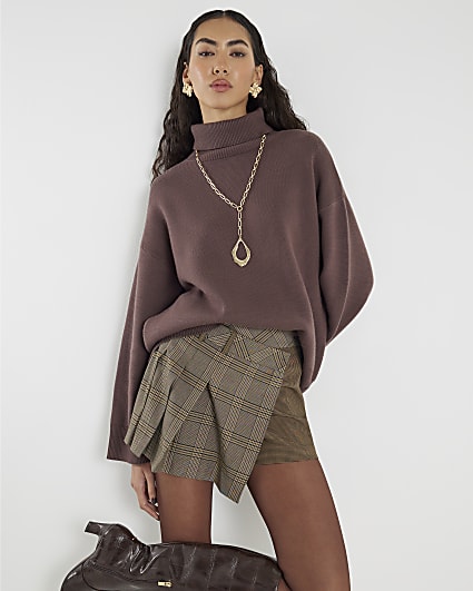 Brown Check Pleated Skort