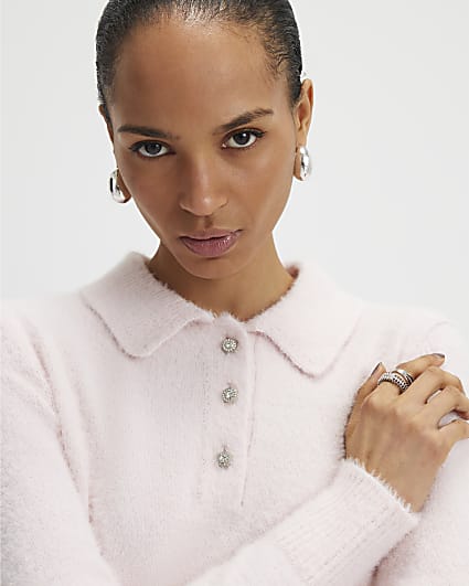 Pink Long Sleeve Fluffy Polo Top