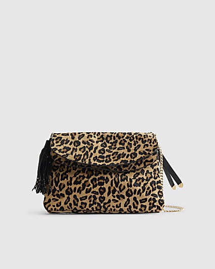 Brown Pony Hair Leopard Print Shoulder Bag