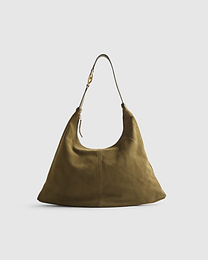 Khaki Suede Chain Link Handle Shoulder Bag
