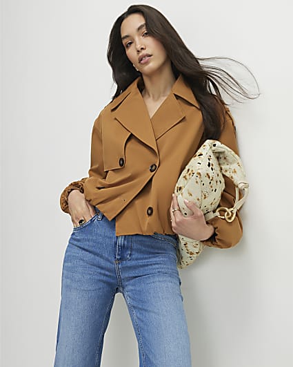 Brown Short Bubble Hem Trench Coat