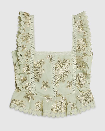 Green Sea Life Print Ruffle Sleeveless Top