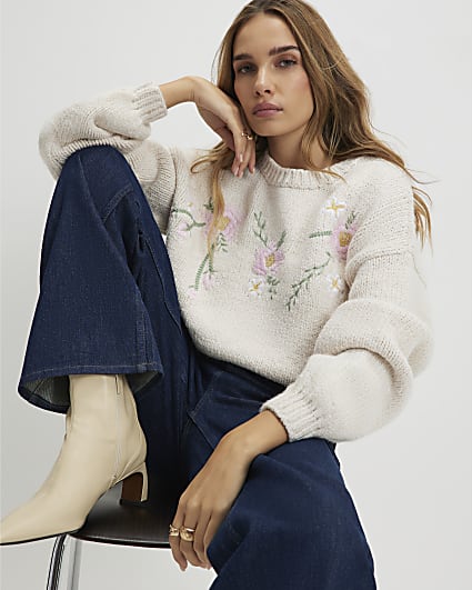 Cream Long Sleeve Embroidered Flower Jumper