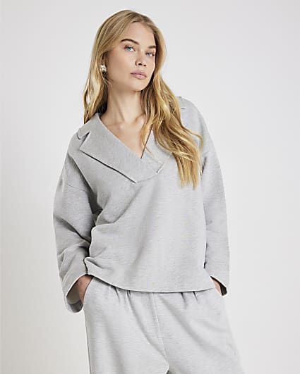 Grey V Neck Collared Sweatshirt