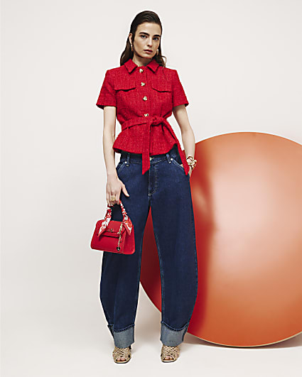 Red Boucle Collared Belted Top