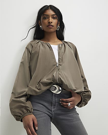 Khaki Puff Sleeve Zip Through Jacket