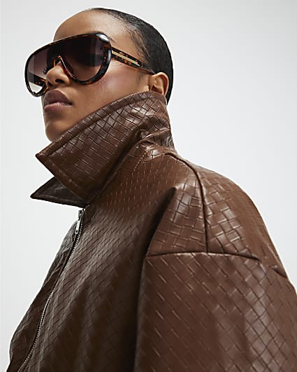 Brown Faux Leather Woven Bomber Jacket