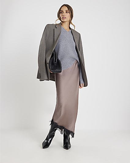 Grey Lace Trim Satin Midi Skirt
