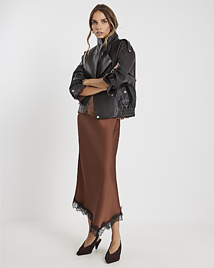 Brown Lace Trim Satin Midi Skirt