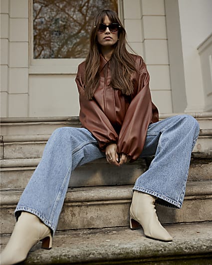 Brown Faux Leather Bubble Hem Bomber Jacket