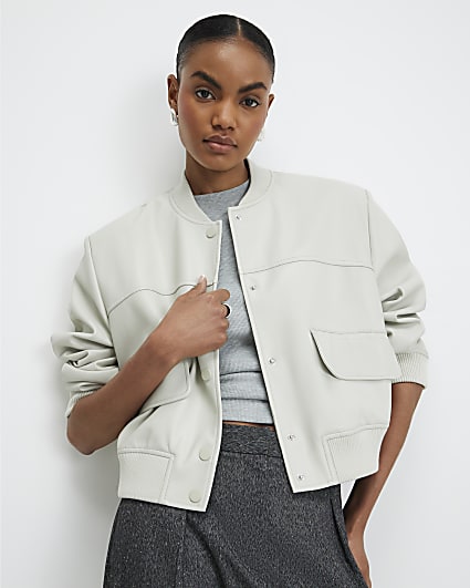Cream Faux Leather Cropped Bomber Jacket