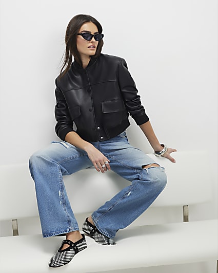 Black Faux Leather Cropped Bomber Jacket