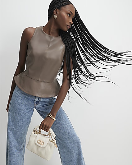 Beige Faux Leather Peplum Top