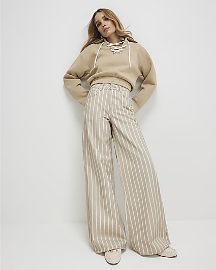 Beige Stripe Wide Leg Trousers