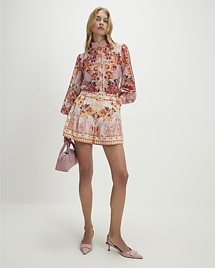 Pink Floral Belted Shorts