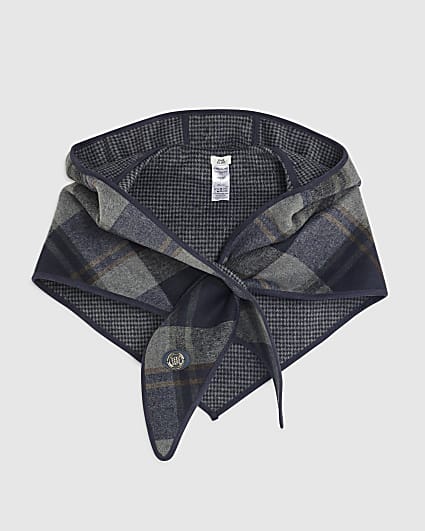 Navy Check Print Scarf Hood