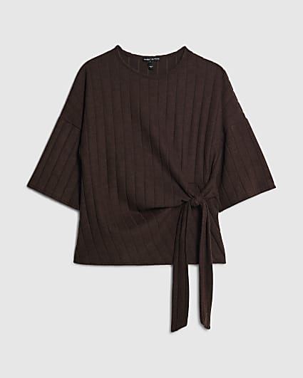 Petite Brown Cosy Wide Rib Knot Side Top