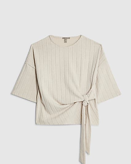 Petite Beige Cosy Wide Ribbed Knot Side Top
