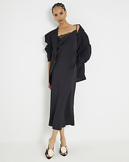 Black Strappy Cowl Neck Lace Trim Midi Dress