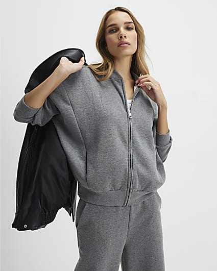 Grey Long Sleeve Zip Up Bomber Sweatshirt