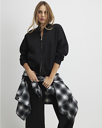 Black Long Sleeve Zip Up Bomber Sweatshirt