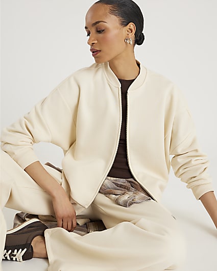 Cream Long Sleeve Zip Up Bomber Sweatshirt