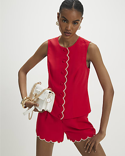 Red Linen Blend Scallop Trim Waistcoat