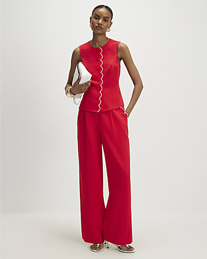 Red Scallop Trim Wide Leg Trousers