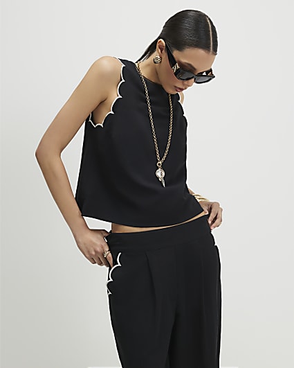 Black Linen Blend Scallop Trim Tank Top