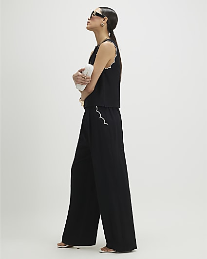 Black Scallop Trim Wide Leg Trousers