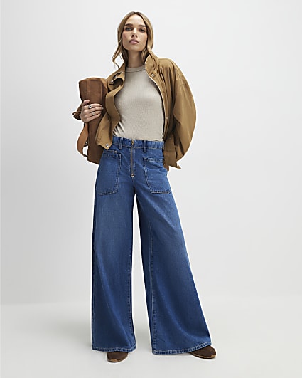 Blue High Waisted Zip Front Wide Leg Jeans