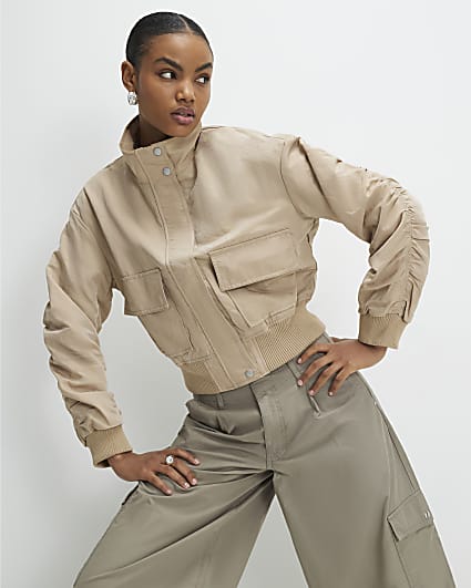 Beige Funnel Neck Bomber Jacket