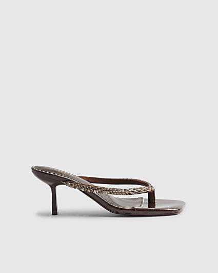 Brown Diamante Toe Thong Heeled Sandals