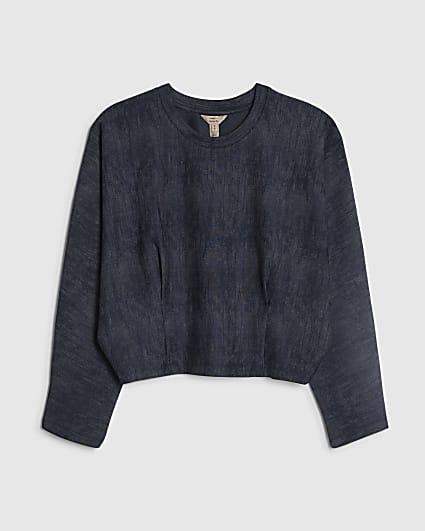 Petite Navy Premium Crinkle Batwing Top