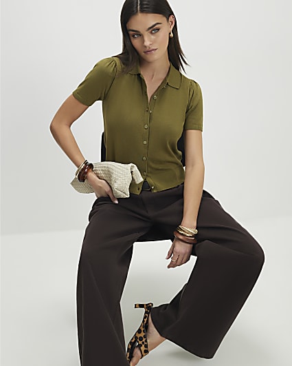 Khaki Knitted Short Sleeve Polo Cardigan